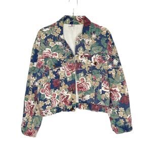 Vintage Cropped Floral 100% cotton Denim Jacket USA Made Medium 80s 90s